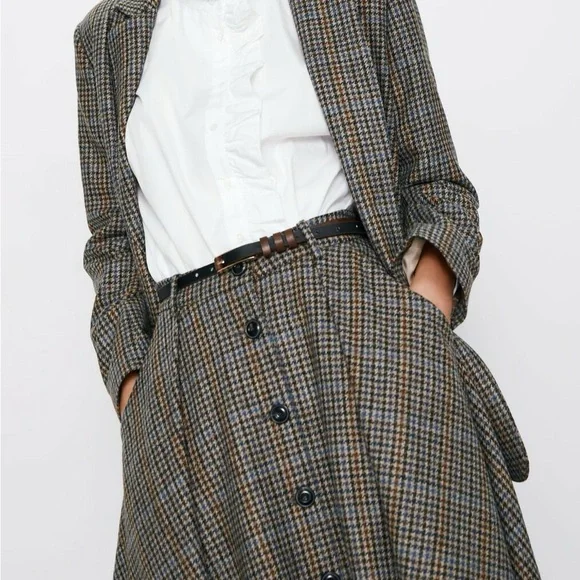 NWOT Zara Multicoloured Houndstooth Print Button-Up Wool Midi Skirt Size S - Picture 2 of 15